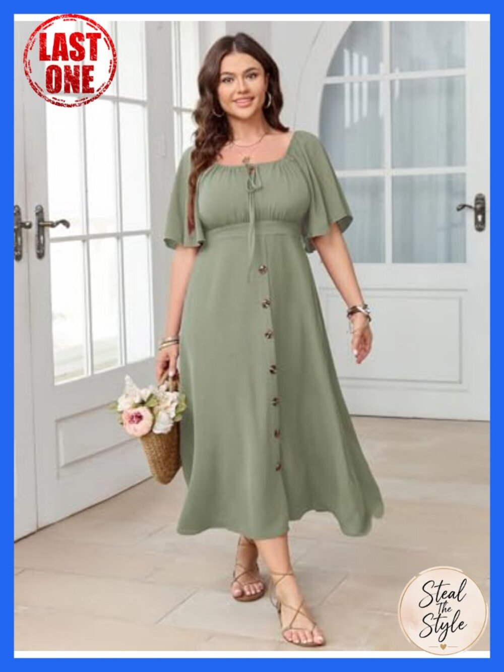 Sage Green Boho Plus Size Maxi Dress Square Neck Bell Sleeve Smocked Back Tie - Picture 5 of 6